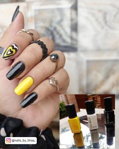 Black And Yellow Nail Art Designs With Hearts