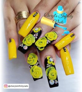 Black And Yellow Nail Ideas With Flowers And Diamonds