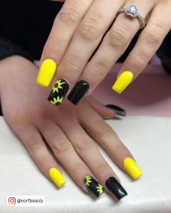 Black And Yellow Sunflower Nails In Coffin Shape