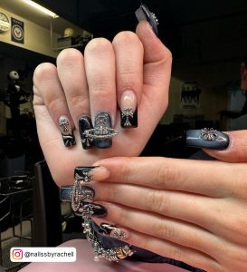 Black Chrome Acrylic Nails With Embellishments