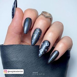 Black Chrome And Glitter Nails In Almond Shape