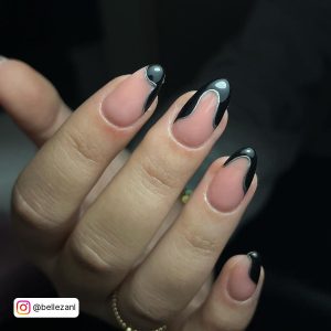 Black Chrome Dip Nails With Nude Base Coat