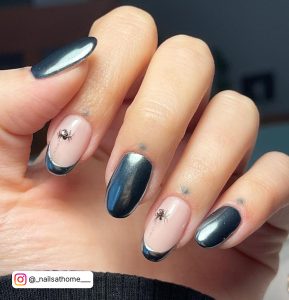 Black Chrome French Nails With Diamonds