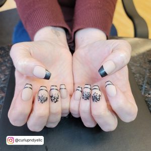 Black Chrome Tips Nails With Design On Nail Beds