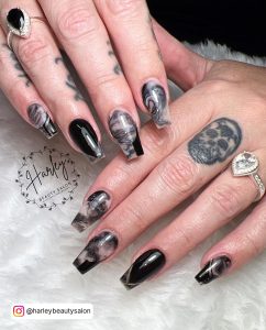 Black Coffin Nails With Marble With Unique Design