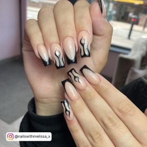 Black Flame Acrylic Nails With Clear Base Coat
