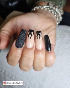 Black Flame Acrylic Nails With Glitter