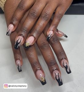 Black Flame Acrylic Nails With Gold Cross