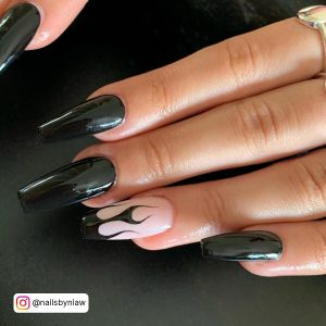 Black Flame Nail Designs In Coffin Shape