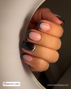Black French Tip Nail Designs With Glitter And Diamonds