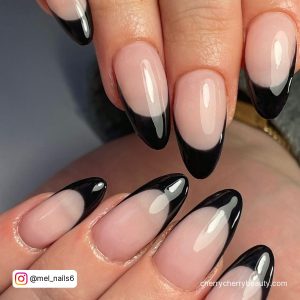 Black French Tip Nails Almond With Clear Base Coat