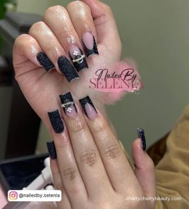 Black French Tip Nails With Glitter With Embellishments