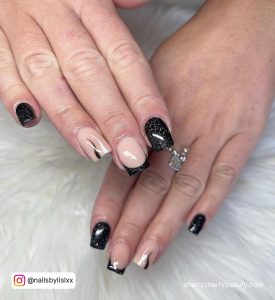 Black Glitter French Nails For Short Length
