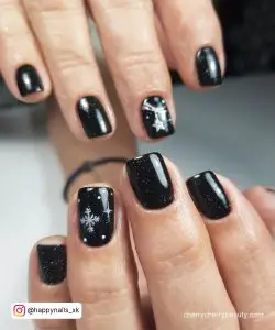 Black Glitter Nails Ideas With Snowflakes