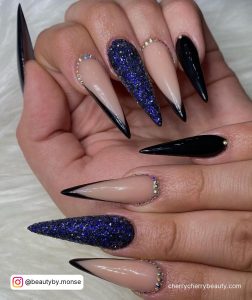 Black Glitter Stiletto Nails With Diamonds