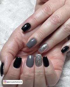 Black Gray And Silver Nails In Square Shape