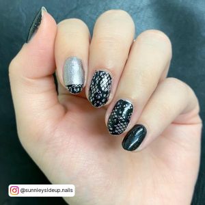 Black Gray And Silver Nails With Glitter