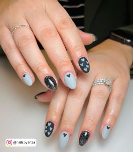 Black Gray And White Nails In Almond Shape