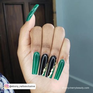 Black Green And Gold Nails In Coffin Shape