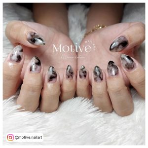 Black Grey Marble Nails In Almond Shape