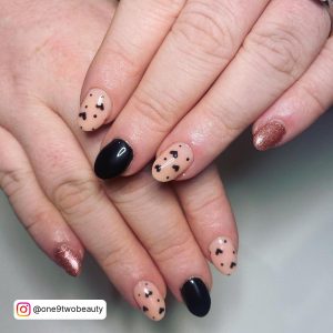Black Heart Nails With Nude Combination