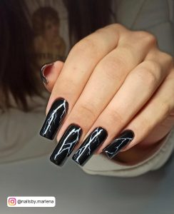 Black Long Coffin Nails With Marble Effect