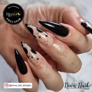 Black Long Nails Design With Stars
