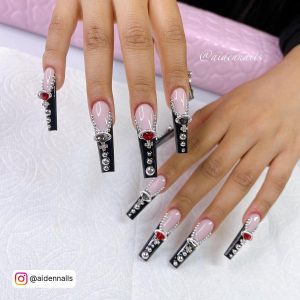 Black Long Square Nails With Embellishments