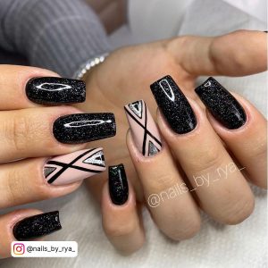 Black Long Square Nails With Glitter