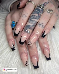 Black Love Heart Nails In French Tip Design