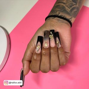 Black Marble French Tip Nails With Rhinestones