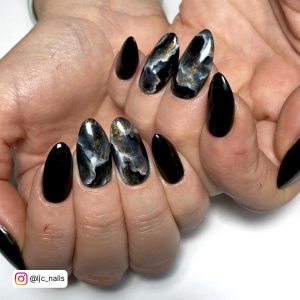 Black Marble Nail Designs In Almond Shape