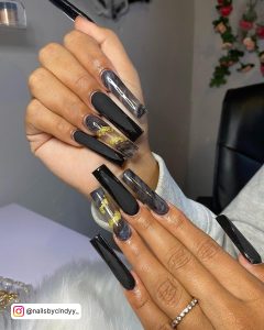 Black Marble Nails With Gold With Matte Finish On Three Fingers