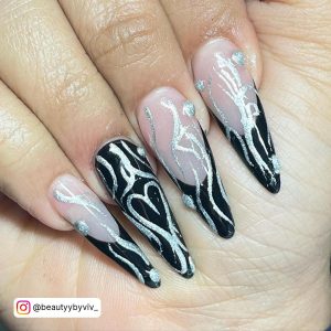Black Nail Designs Long With Silver Design