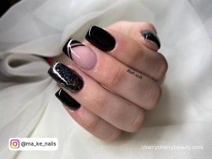 Black Nails Design With Glitter In Square Shape