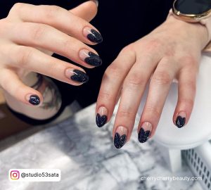 Black Nails Glitter With Heart Tips