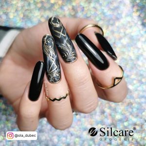 Black Nails Long With Golden Design