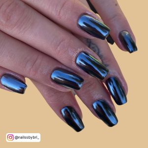 Black Nails With Chrome Powder In Square Shape