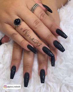 Black Nails With Flame Design In Tapered Shape