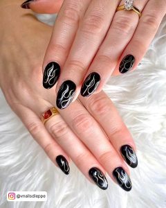 Black Nails With Flames In Silver