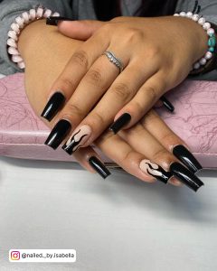 Black Nails With Flames On Ring Finger