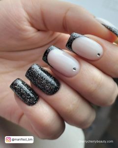 Black Nails With Glitter Tips And Diamonds