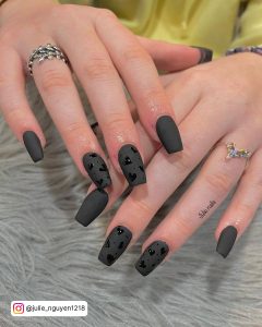 Black Nails With Hearts In Matte Finish