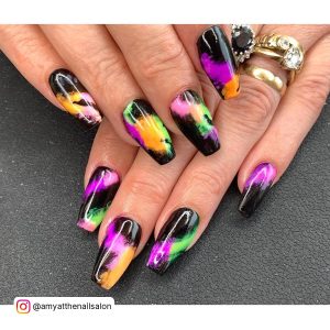 Black Nails With Neon Designs In Coffin Shape