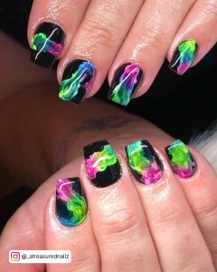 Black Nails With Neon Designs In Square Shape