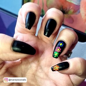 Black Nails With Neon Flowers In Coffin Shape