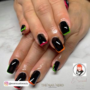 Black Nails With Neon Green In Coffin Shape