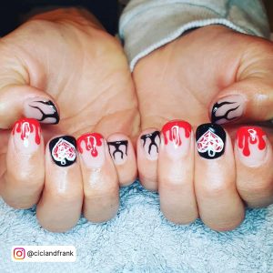 Black Nails With Red Flames For Short Length