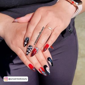 Black Nails With Red Heart And Diamonds