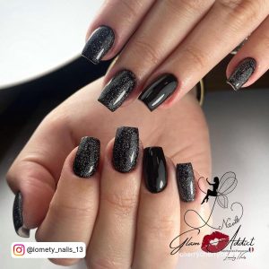 Black Nails With Silver Glitter On Coffin Shape